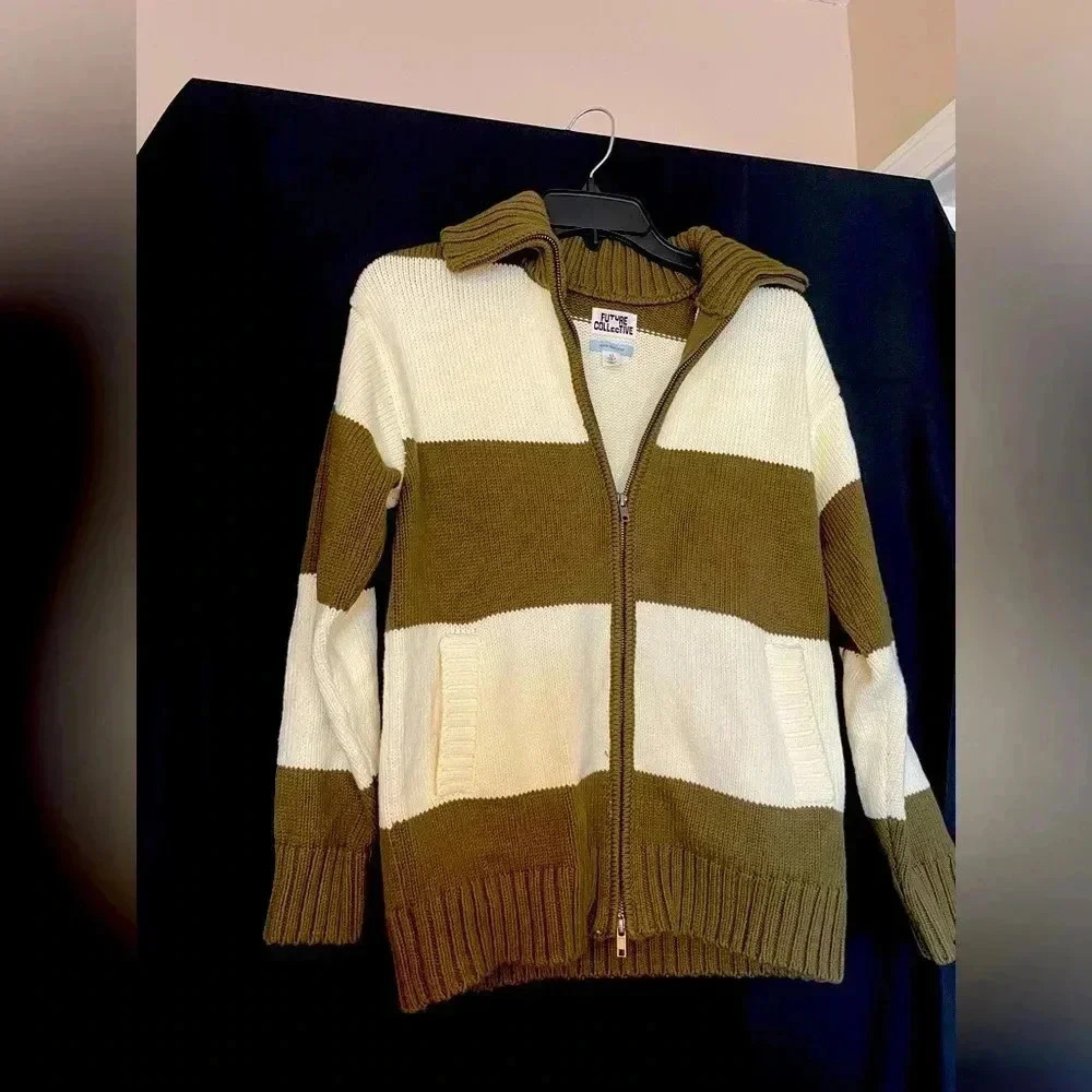 Future Collective Green & Cream Women’s Zip Shawl Collar Cardigan Size XS